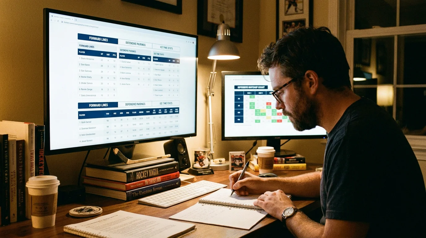 Hockey analyst studying line combinations and defensive matchup data on a screen