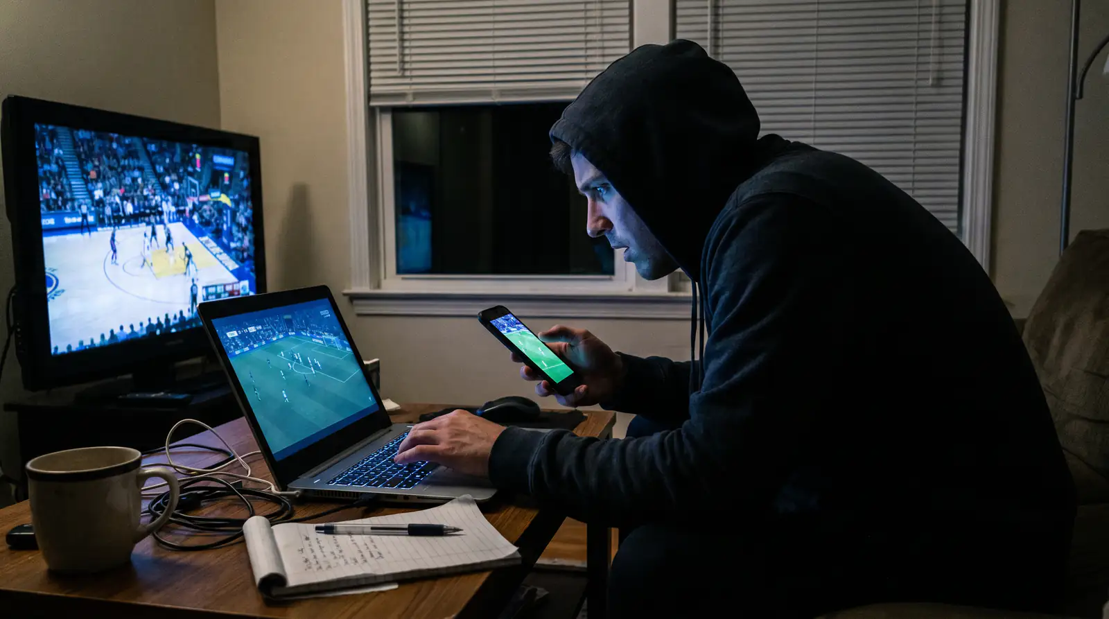 Person staring at multiple screens with live betting feeds