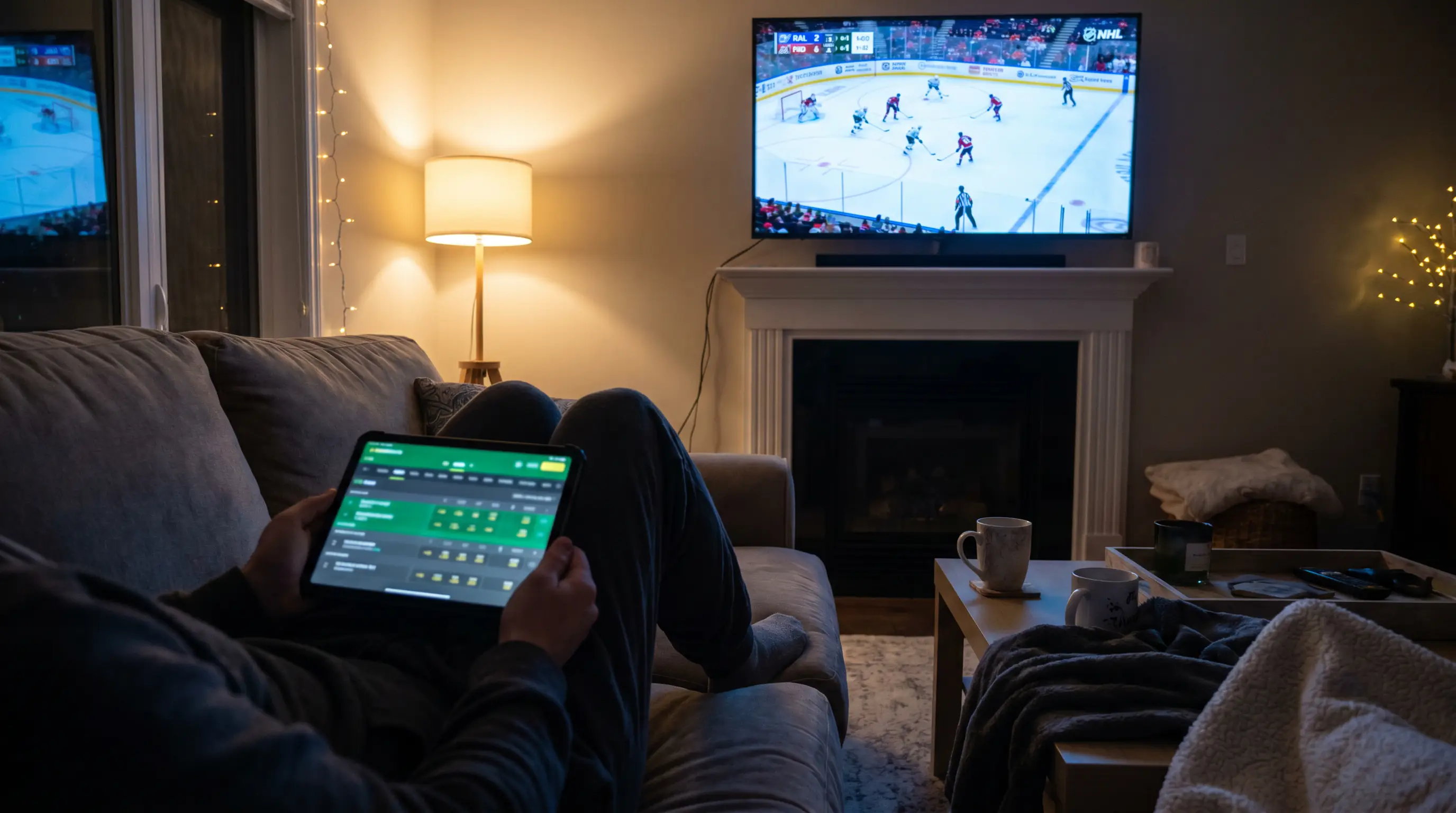 Person placing a live hockey bet on a tablet during an NHL game broadcast