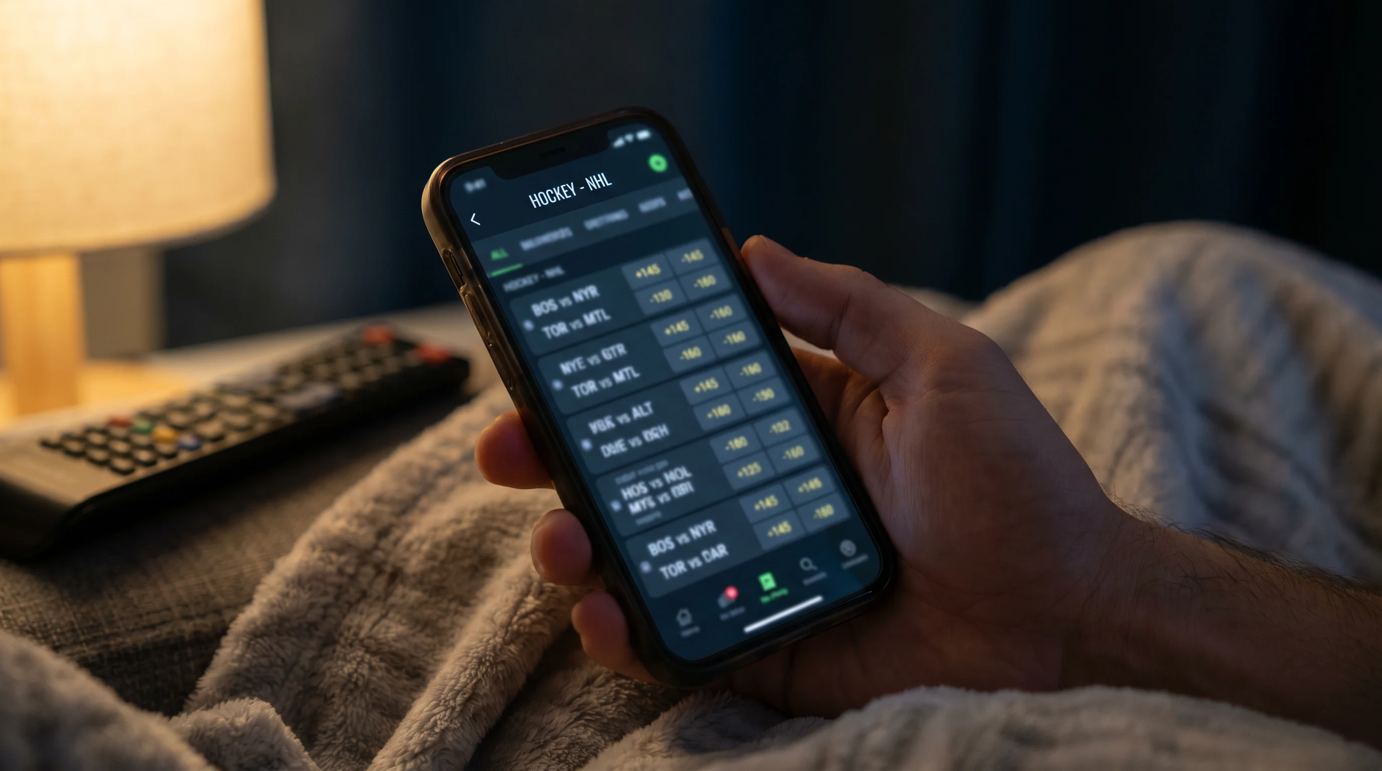 Smartphone showing a hockey betting app interface with quick navigation to NHL markets