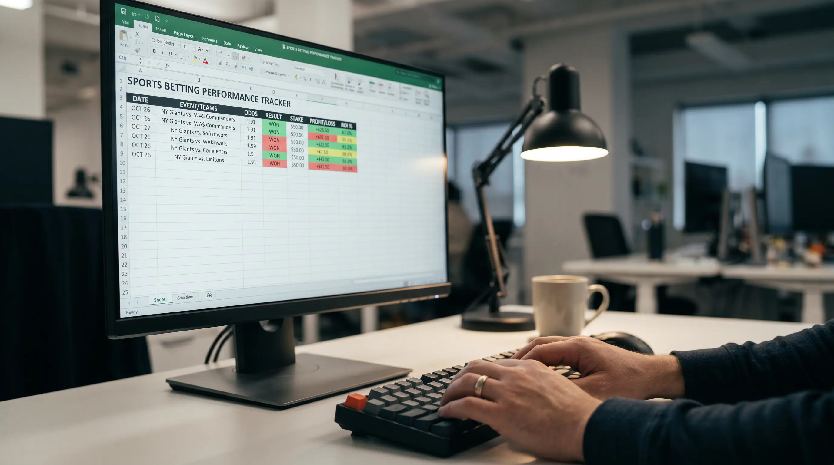 Bettor reviewing a hockey moneyline performance tracker on a spreadsheet