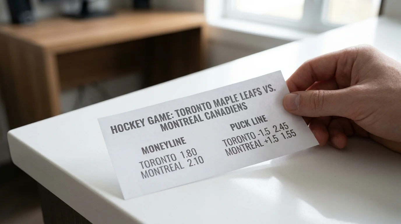 Side-by-side comparison of moneyline and puck line odds on a betting slip