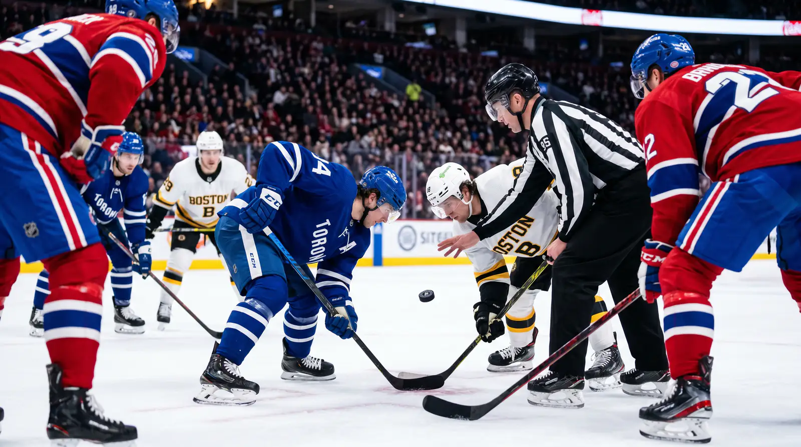Hockey players in position during a faceoff with the live betting moment about to unfold