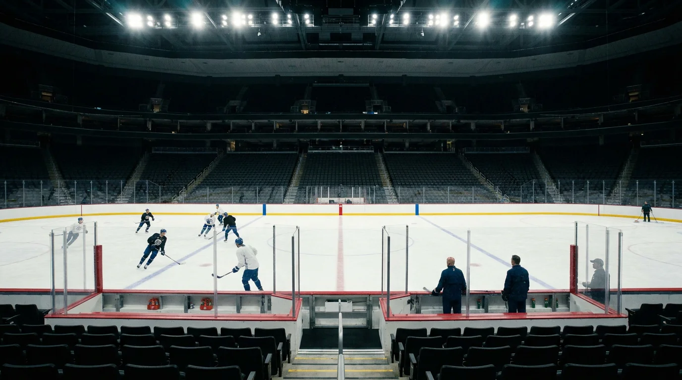 Morning skate scene at an NHL arena with players warming up before goalie confirmation