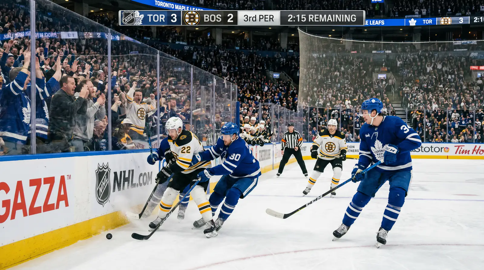 Two evenly matched NHL teams facing off on the ice in a tightly contested game