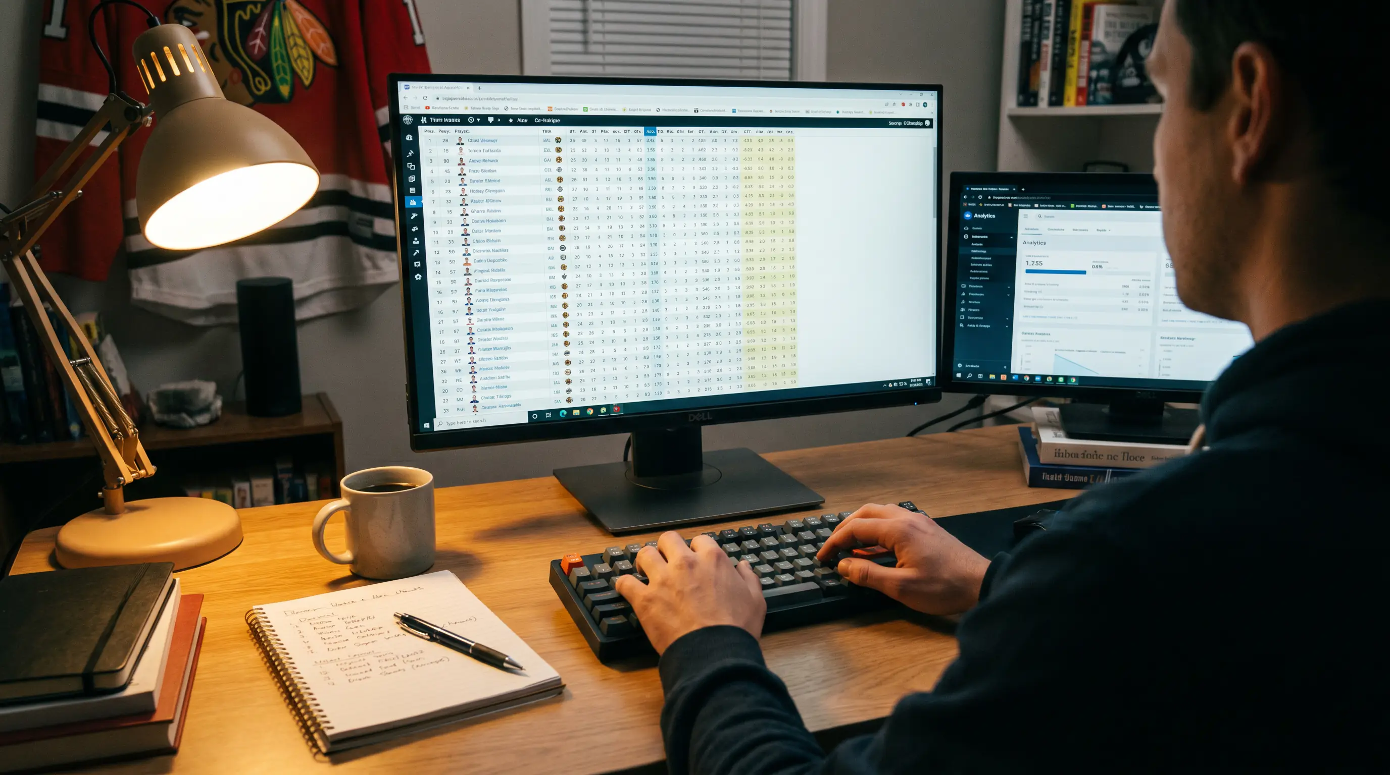 Analyst reviewing multiple player statistics on monitor