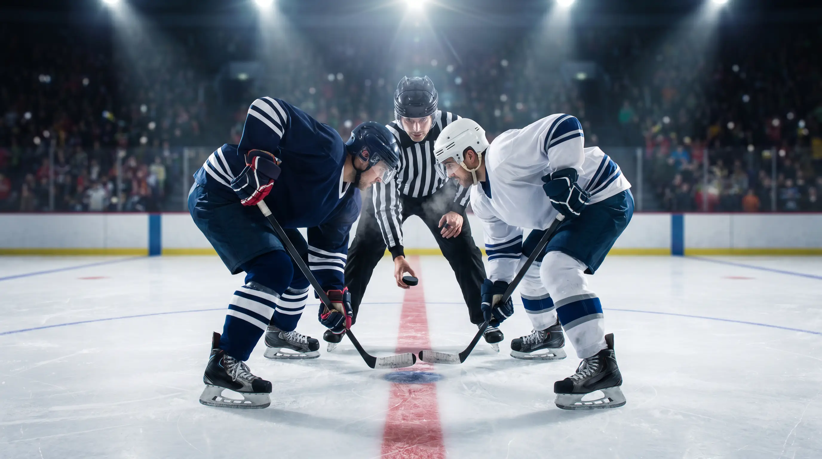 Two ice hockey players lining up for a faceoff at centre ice during an NHL game