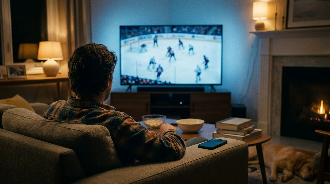 Fan watching a live NHL hockey game on screen while following a placed bet