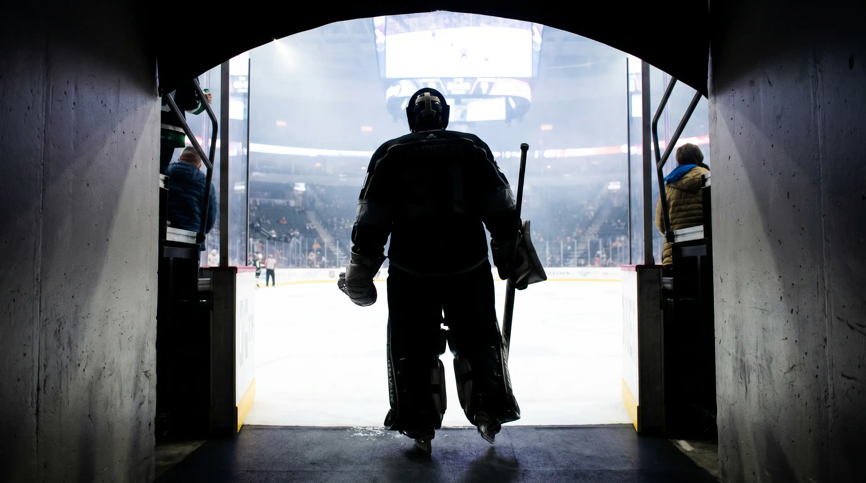 Hockey arena display showing confirmed starting goaltender