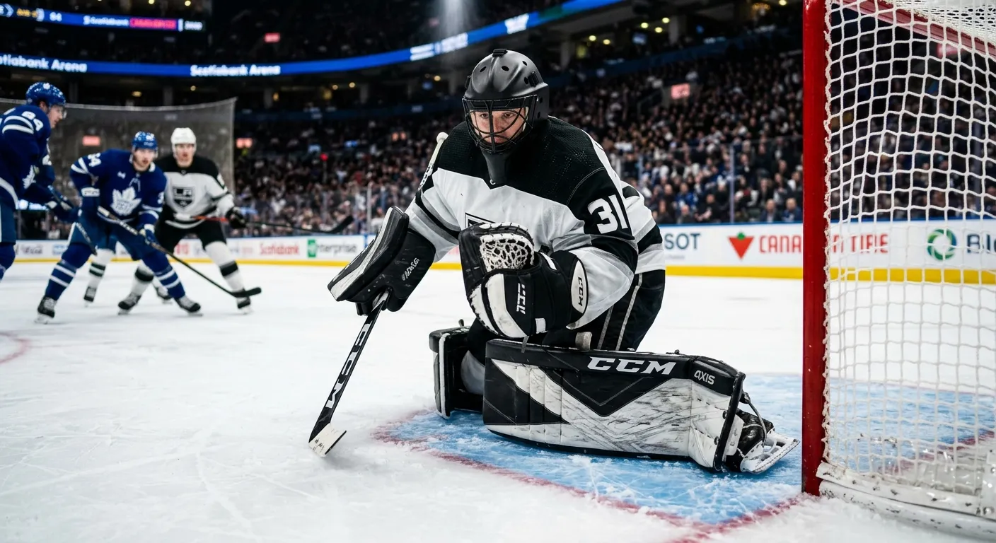 Ice hockey goaltender focused in the crease before a face-off, highlighting goaltending impact on betting lines