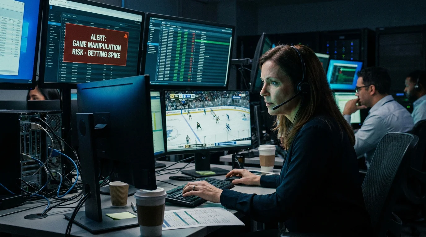Sports integrity analyst reviewing betting pattern alerts on a multi-screen monitoring setup