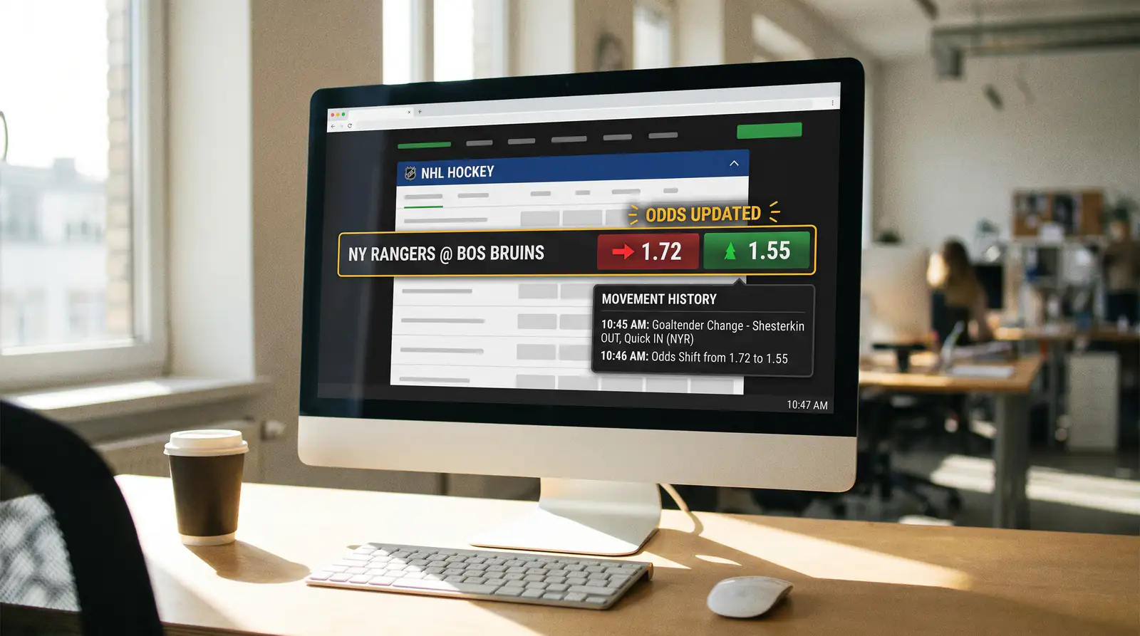 Sportsbook odds screen showing a rapid line shift following a goaltender confirmation