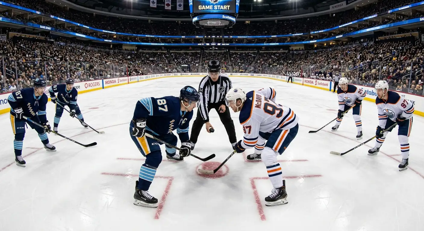 NHL first-line players taking opening faceoff at centre ice