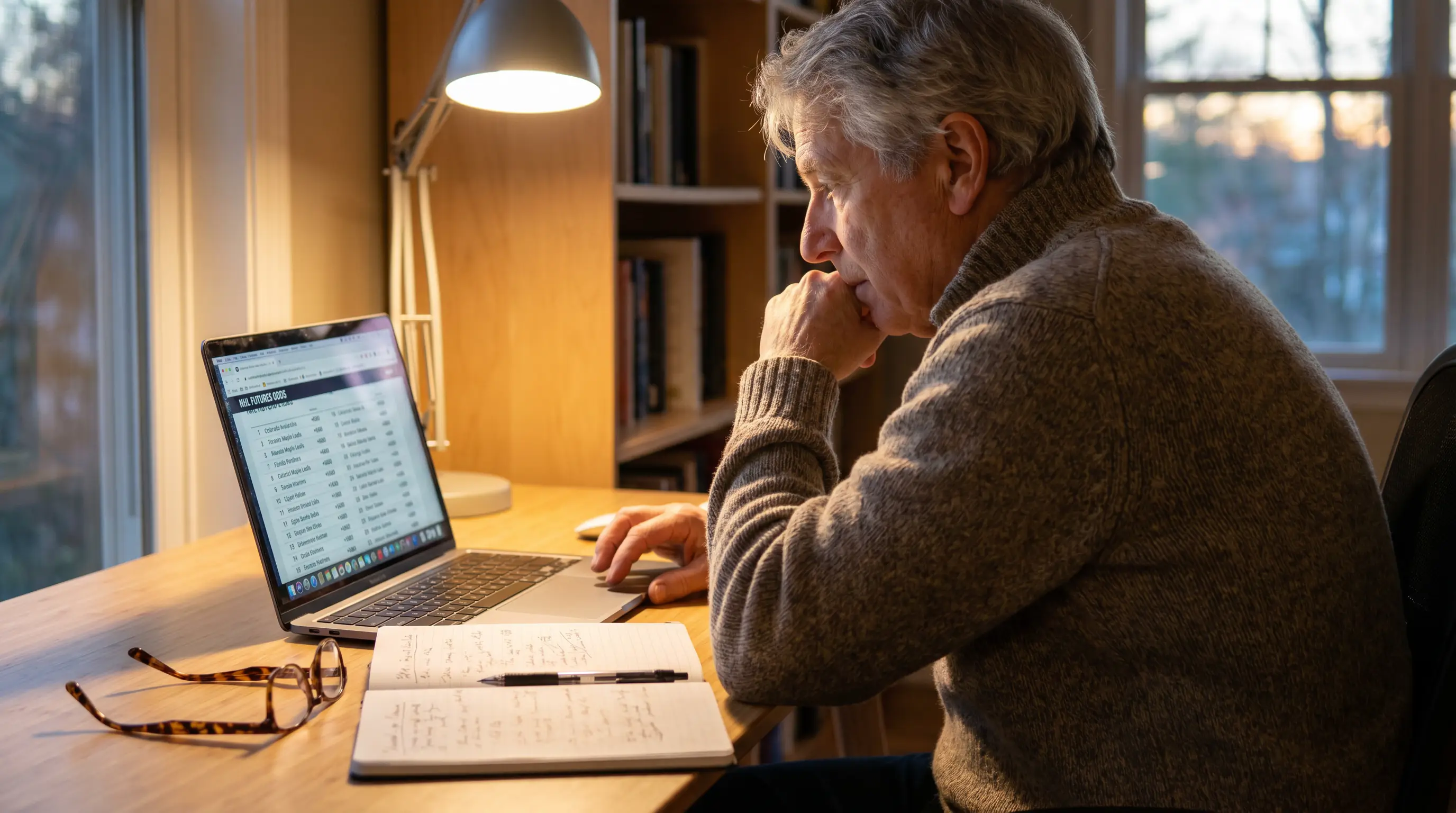 Experienced bettor reviewing NHL outright market prices on a laptop at a desk