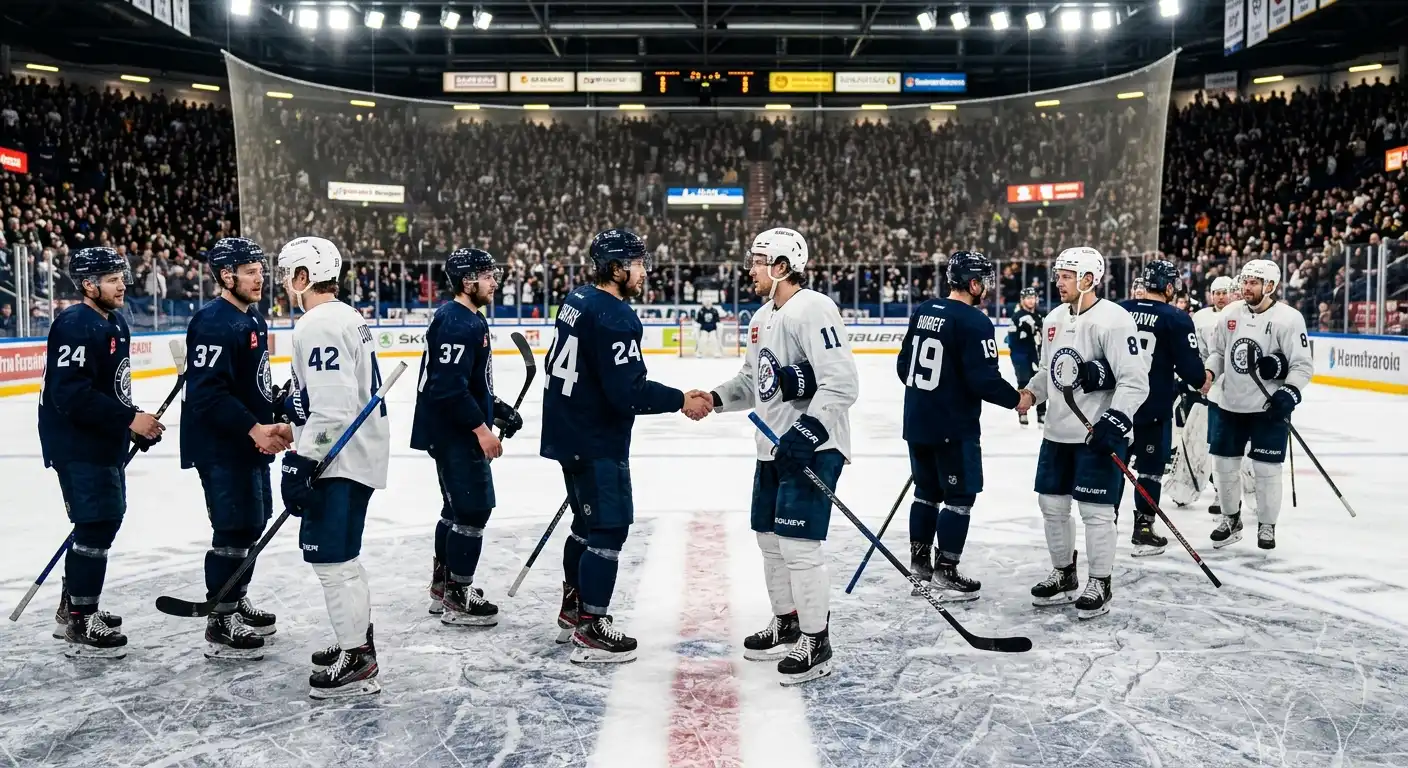 NHL players shaking hands after an overtime game that settled a puck line bet