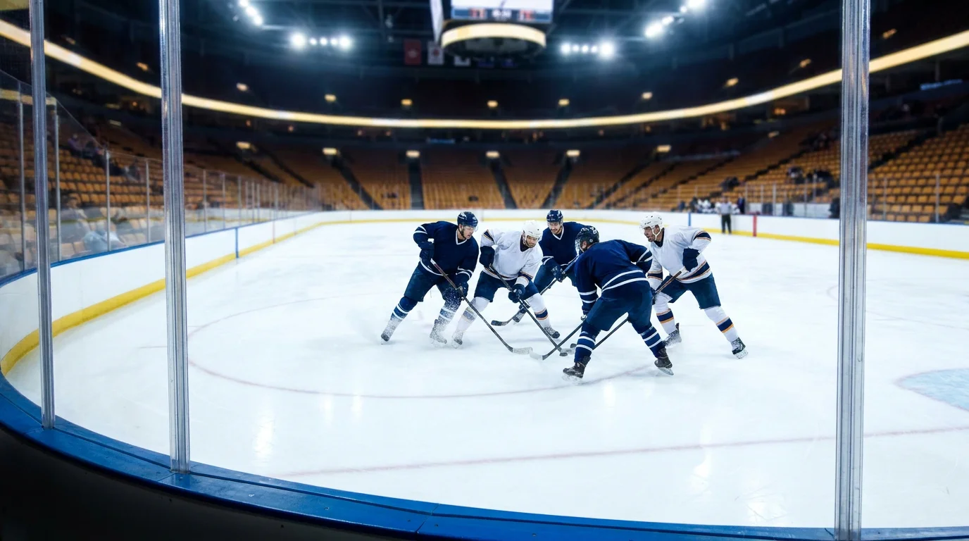 Ice hockey players on the rink during an NHL overtime period with three-on-three action