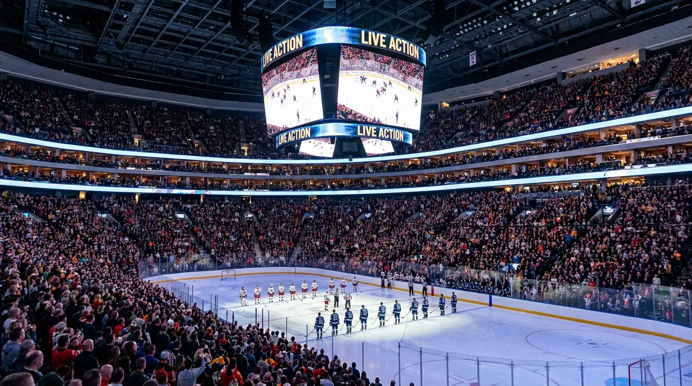 Packed NHL arena with thousands of fans watching a professional ice hockey game under bright stadium lights