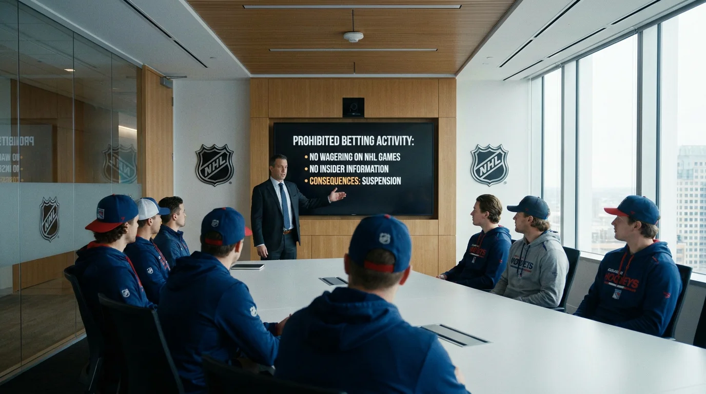 NHL compliance officer presenting betting rules during a team education session