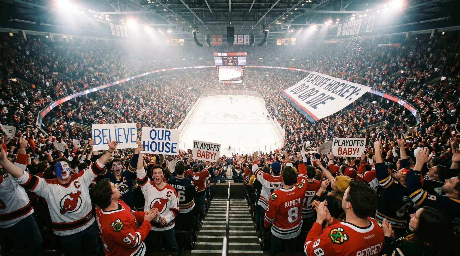 Roaring NHL playoff crowd in packed arena waving towels