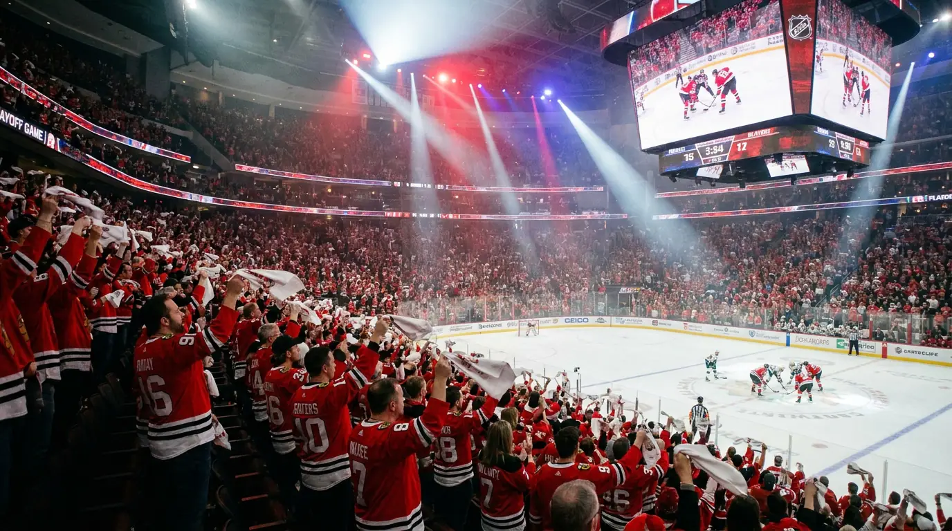 Packed NHL playoff arena with fans in team colours creating an intense atmosphere