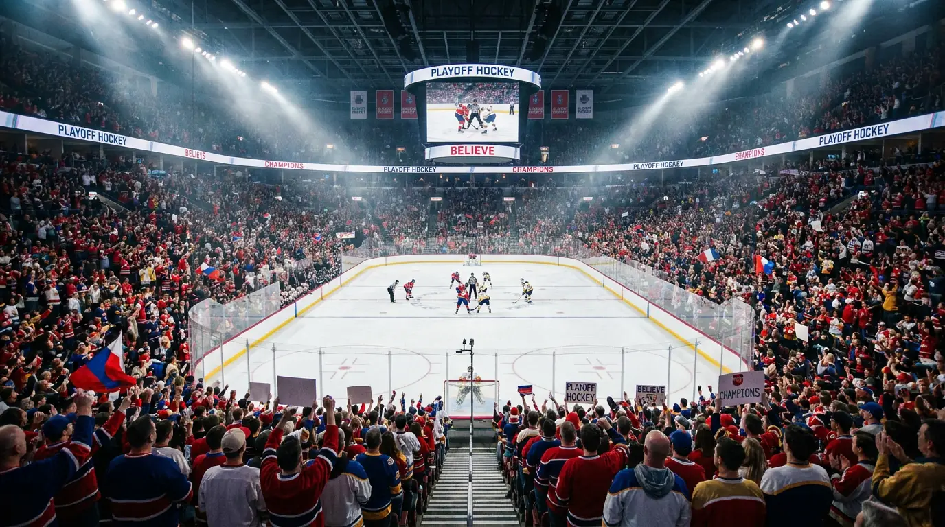 Packed ice hockey arena during a playoff game with intense crowd atmosphere