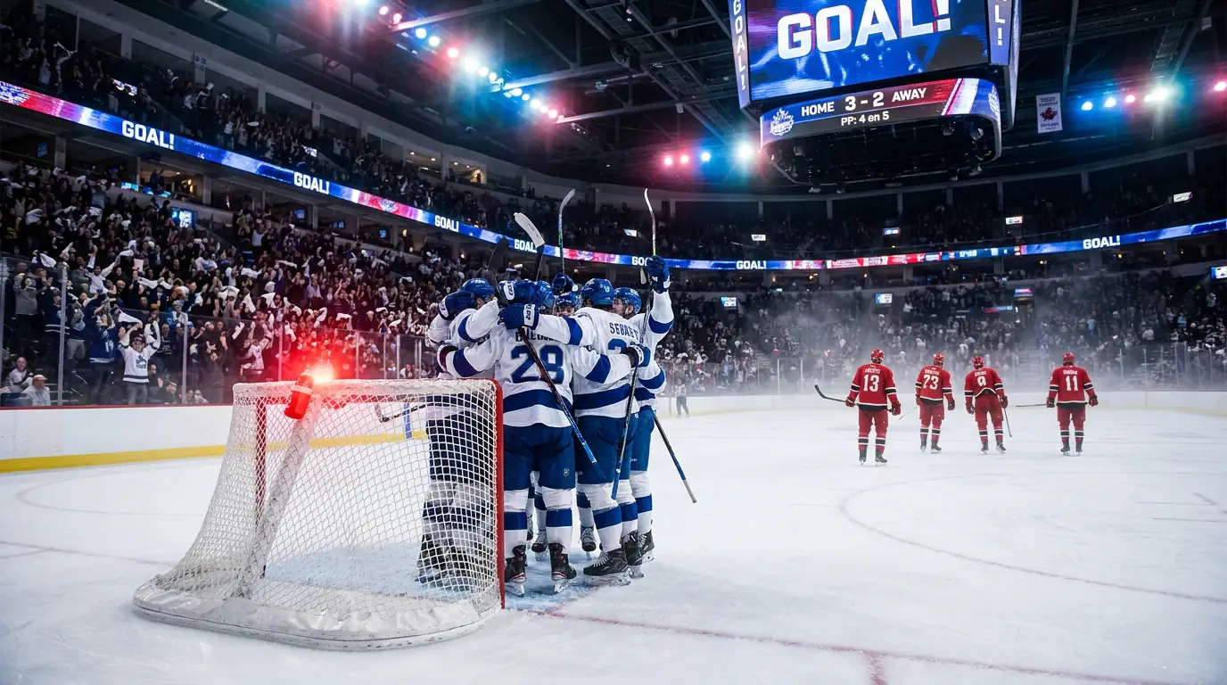 NHL team celebrating power play goal with extra skater on ice