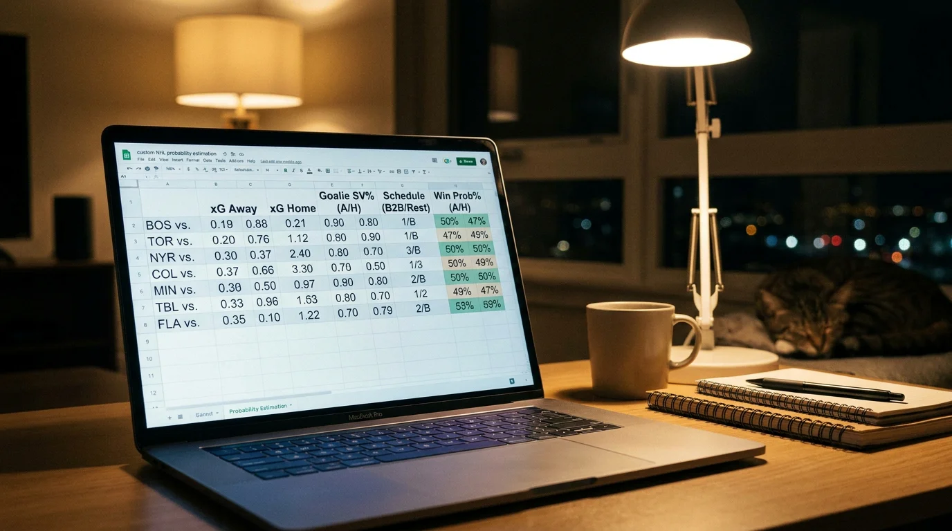 Spreadsheet model generating win probabilities for an NHL slate before checking prices