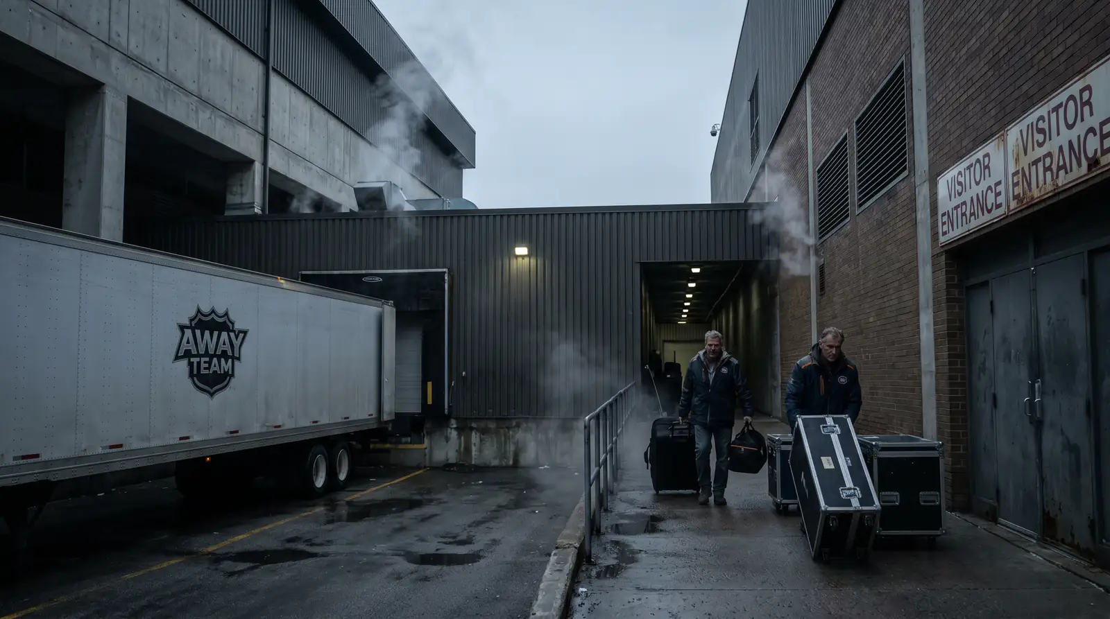 NHL team arriving at an away arena after a long travel day with equipment being unloaded