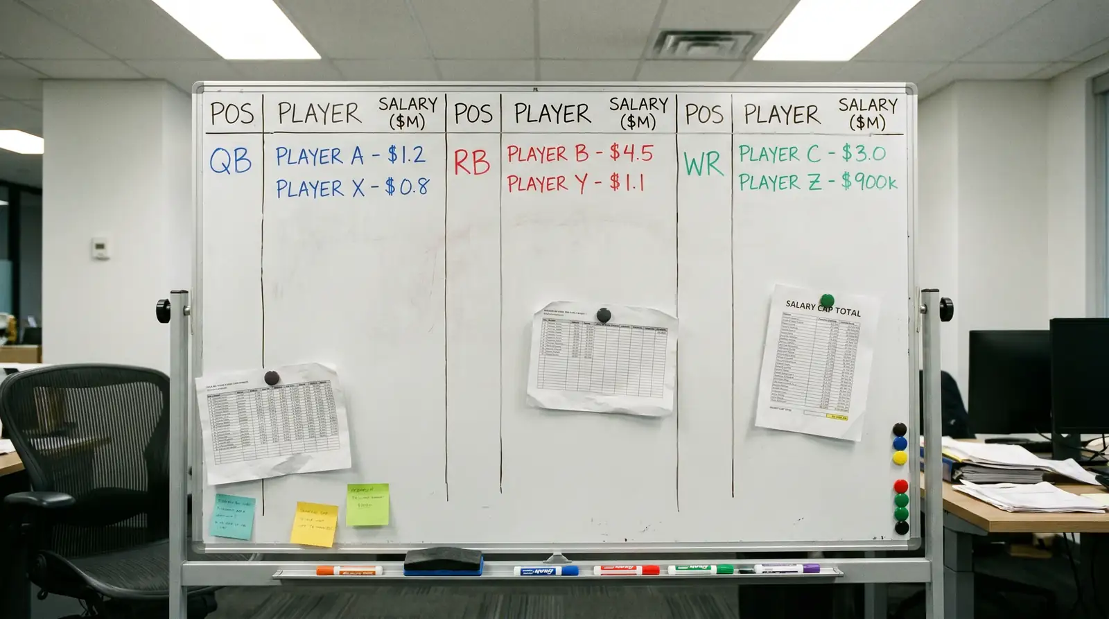 Whiteboard with roster names and salary figures written out