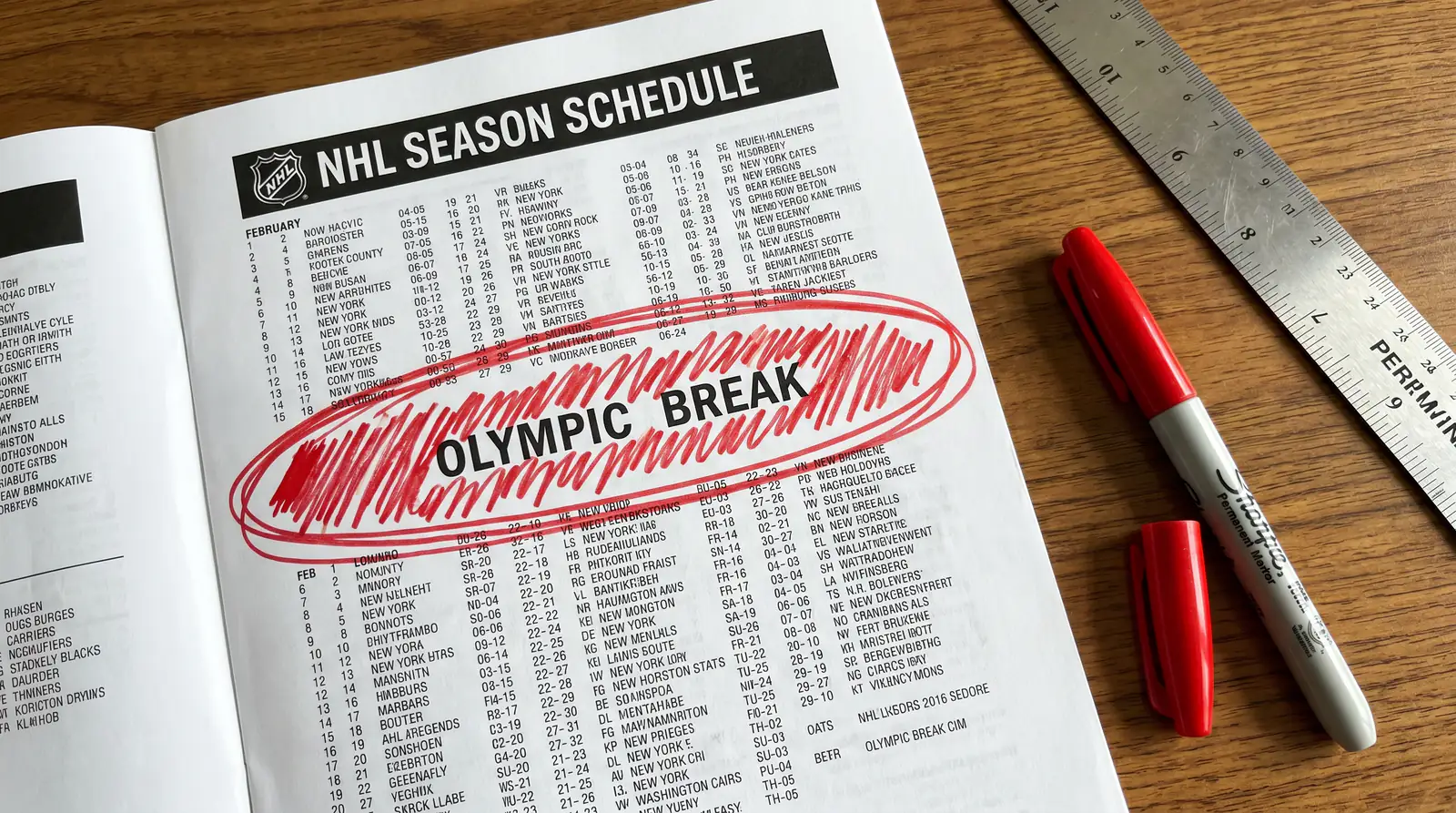 NHL season schedule highlighting Olympic break window