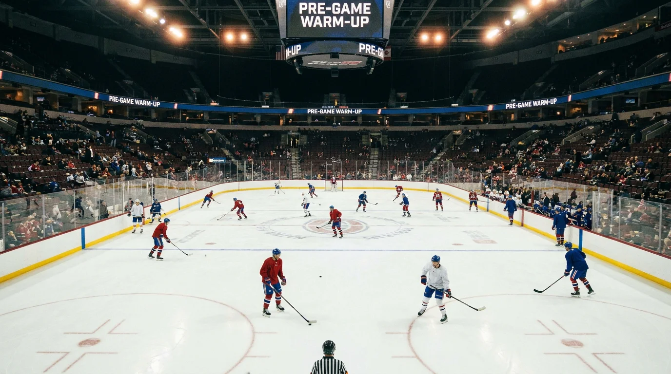 Ice hockey arena during warm-ups showing team preparation, relevant to schedule and fatigue analysis