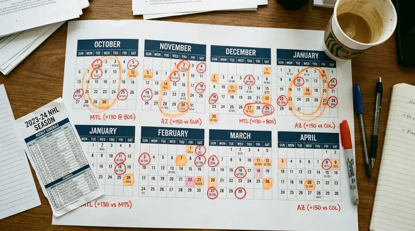 Calendar view of an NHL season with qualifying home underdog spots marked across months
