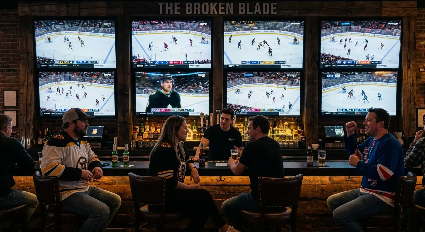 NHL arena scoreboard displaying multiple game scores from a busy slate night