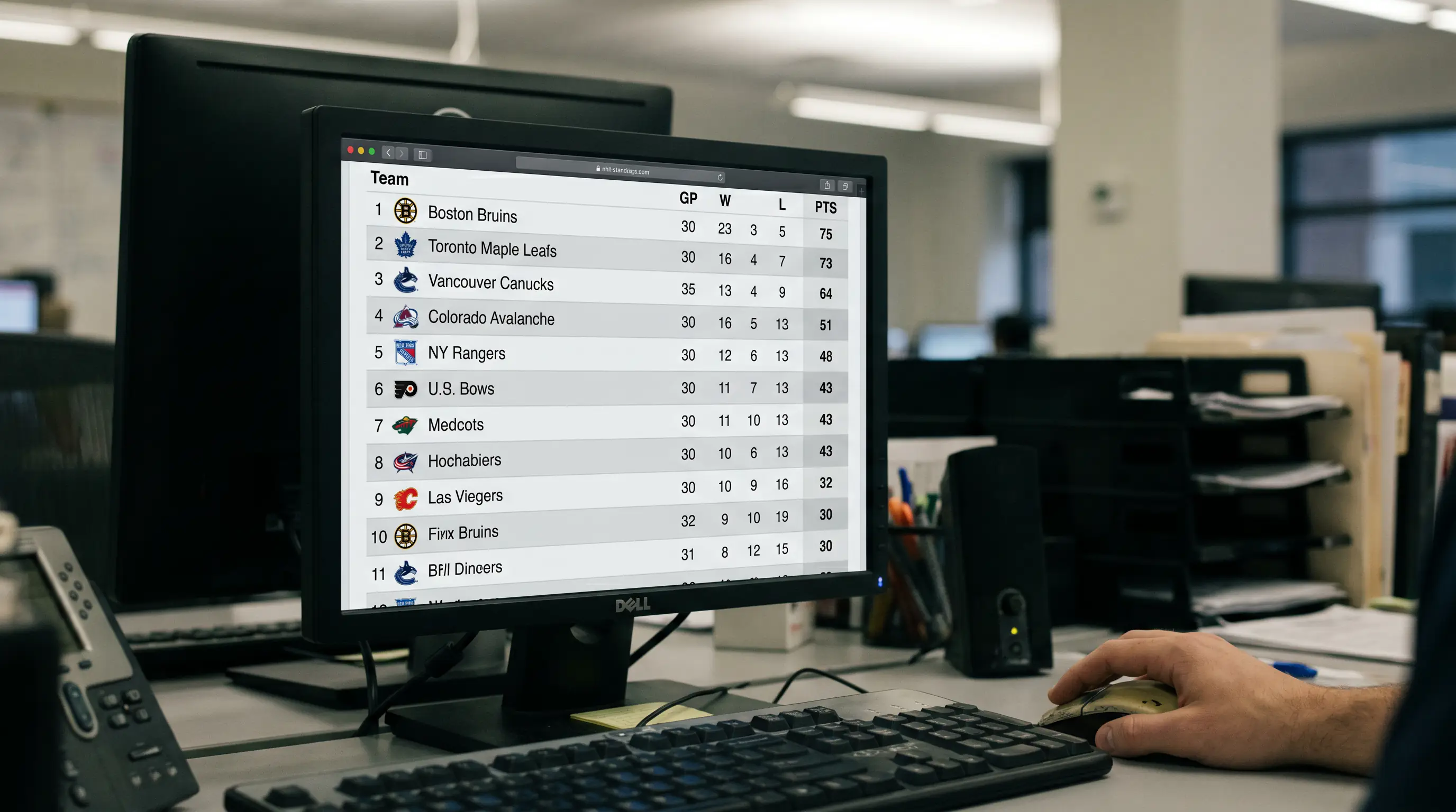 NHL standings table displayed on a screen showing team point totals mid-season