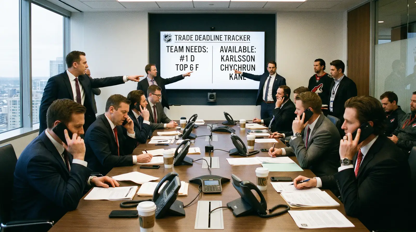 Busy NHL trade deadline scene with phones and screens showing multiple deals in progress