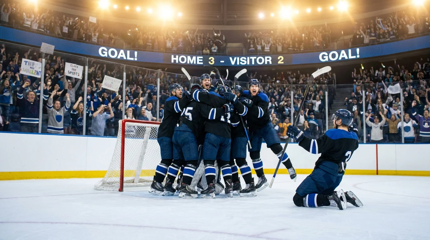 Ice hockey home team players celebrating a goal, illustrating underdog value at home