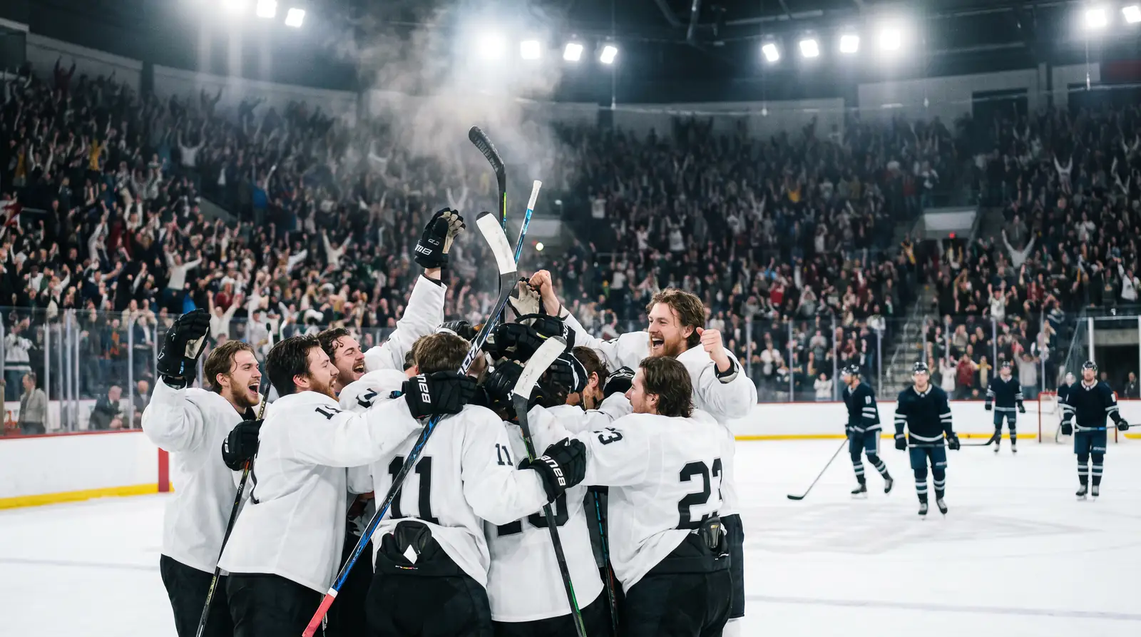 NHL underdog team celebrating an upset victory on the ice