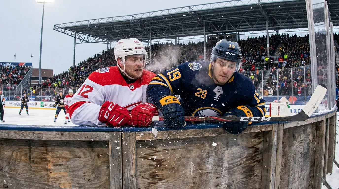 Physical hockey play along boards during outdoor stadium game