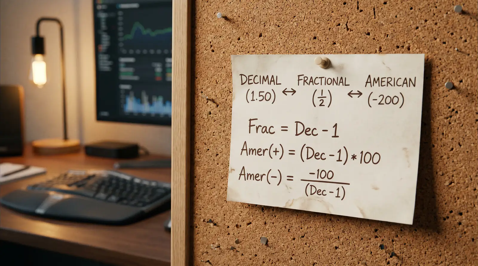 Handwritten cheat sheet pinned near a monitor showing odds conversion formulas between decimal, fractional, and American formats