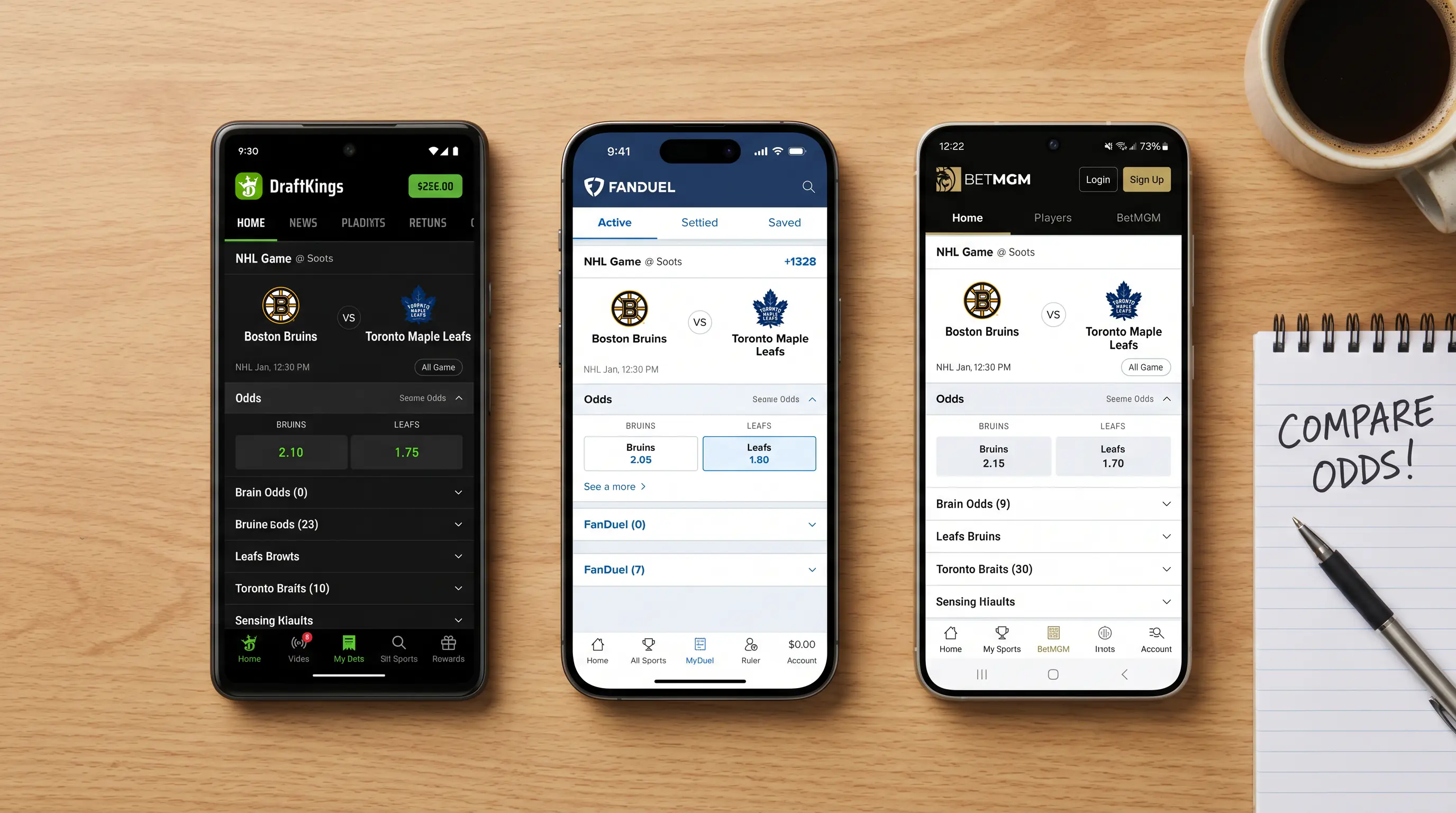 Three sportsbook apps showing different decimal odds for the same NHL game side by side