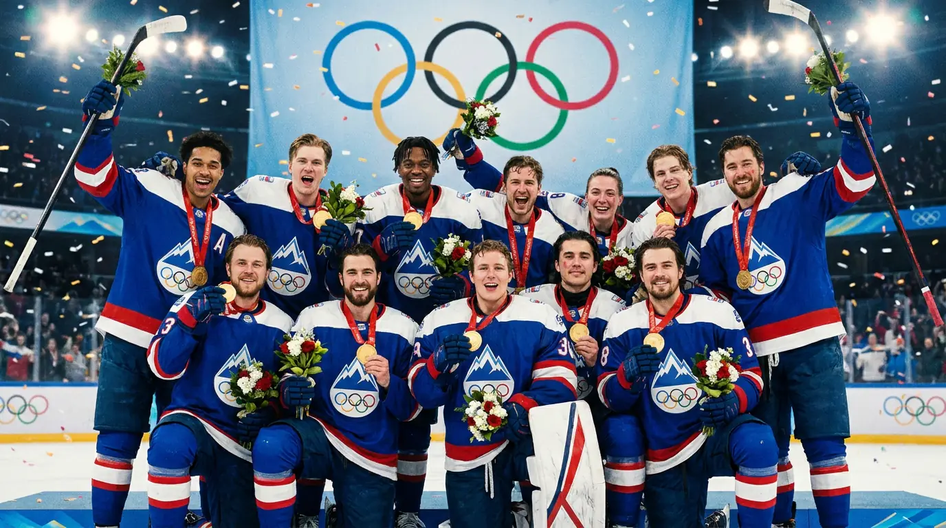 Hockey team celebrating medal victory at Olympic ceremony
