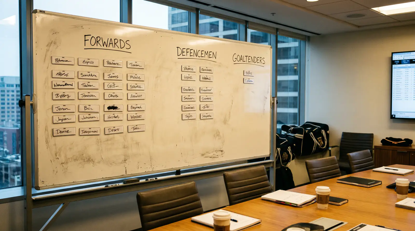 National team hockey roster board with NHL player names