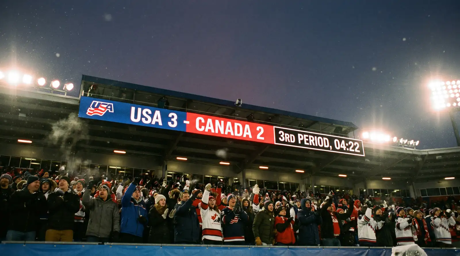 Outdoor hockey scoreboard with fans in background cheering