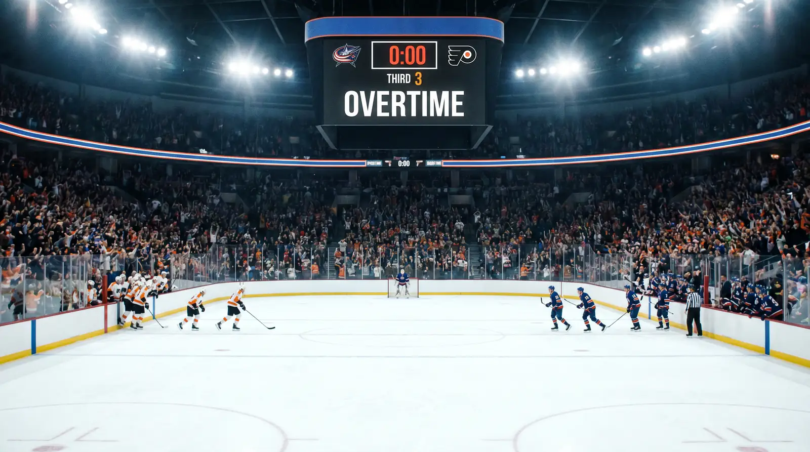 NHL arena clock showing overtime as players prepare for sudden-death action