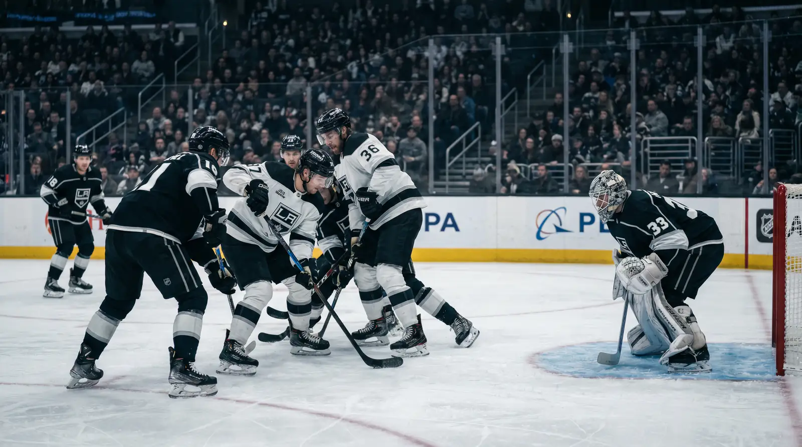 Scoreless hockey period with tight checking and both goaltenders standing tall