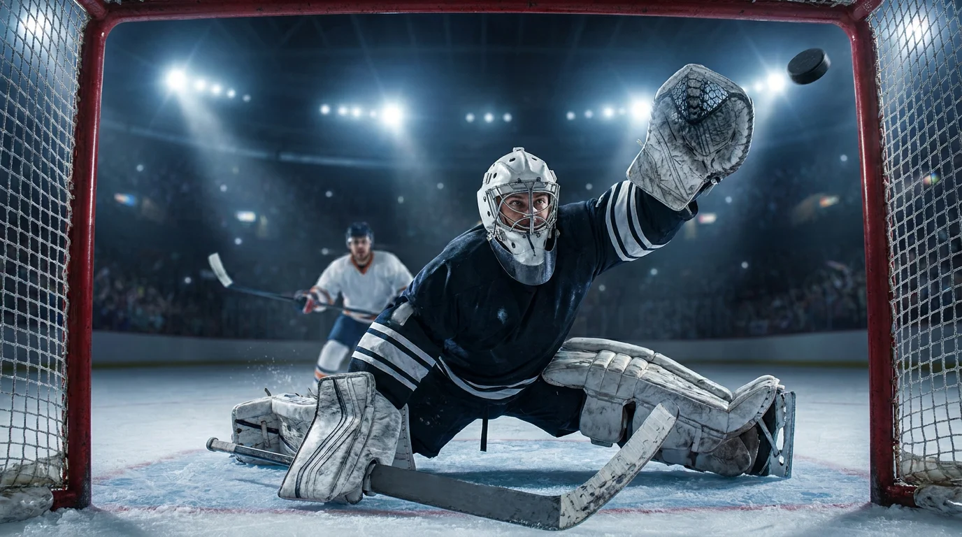 Goaltender making sprawling save during playoff overtime