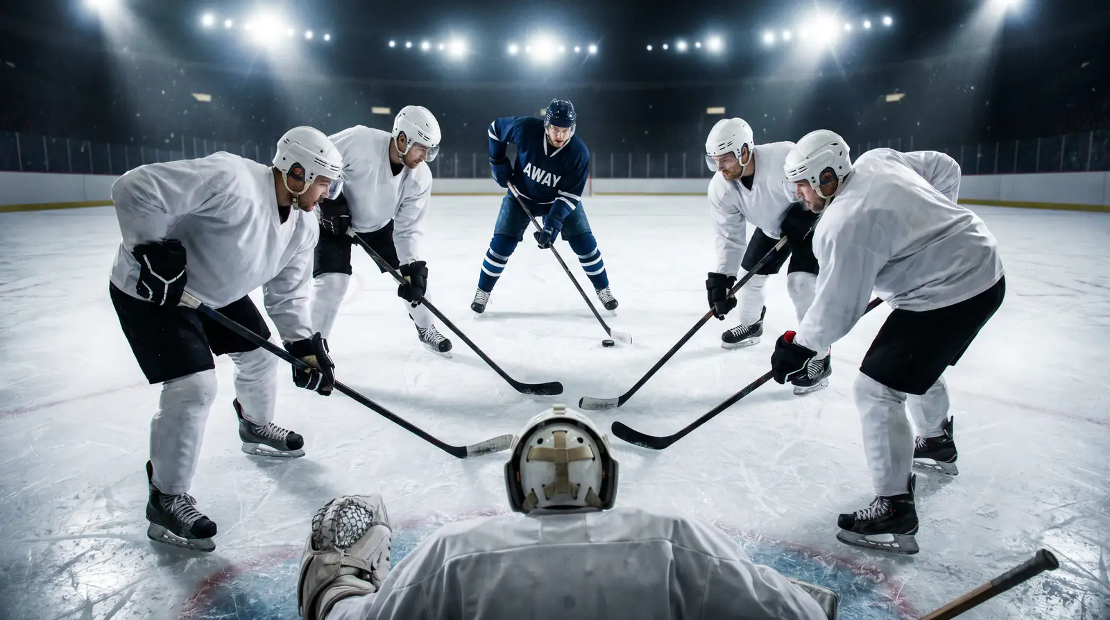 Hockey players executing tight defensive zone coverage