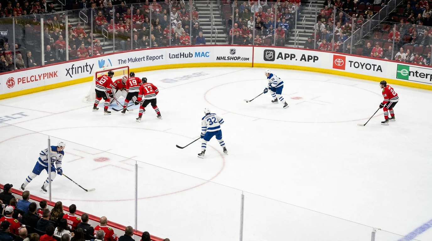 NHL power play setup with the attacking team controlling the puck in the offensive zone