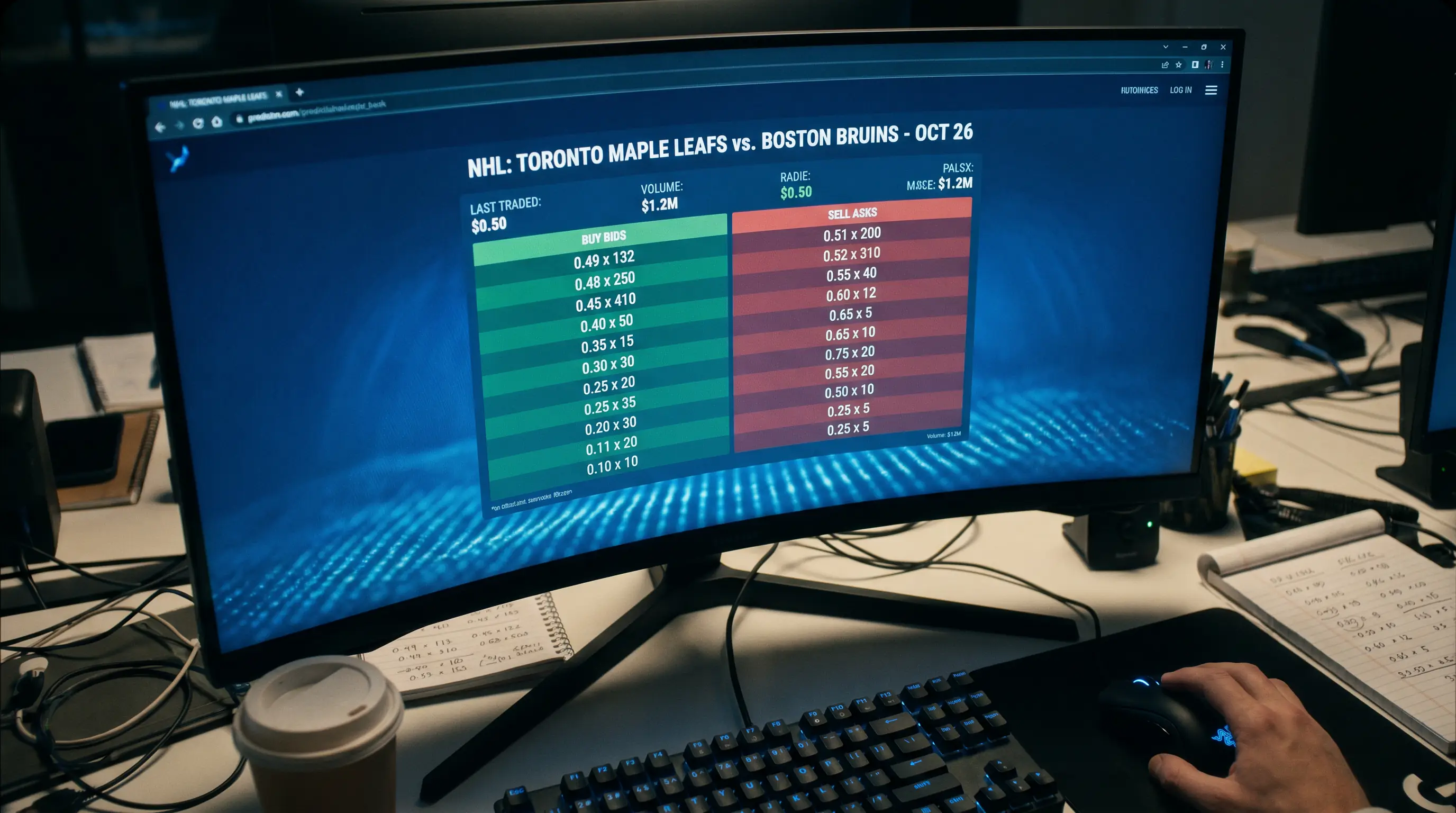 Trader buying and selling event contracts on a prediction market order book interface