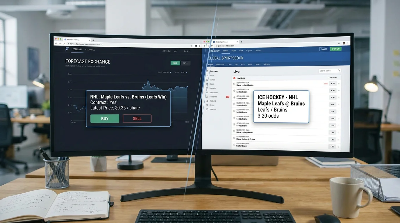 Split screen comparing prediction market contract price with traditional sportsbook odds